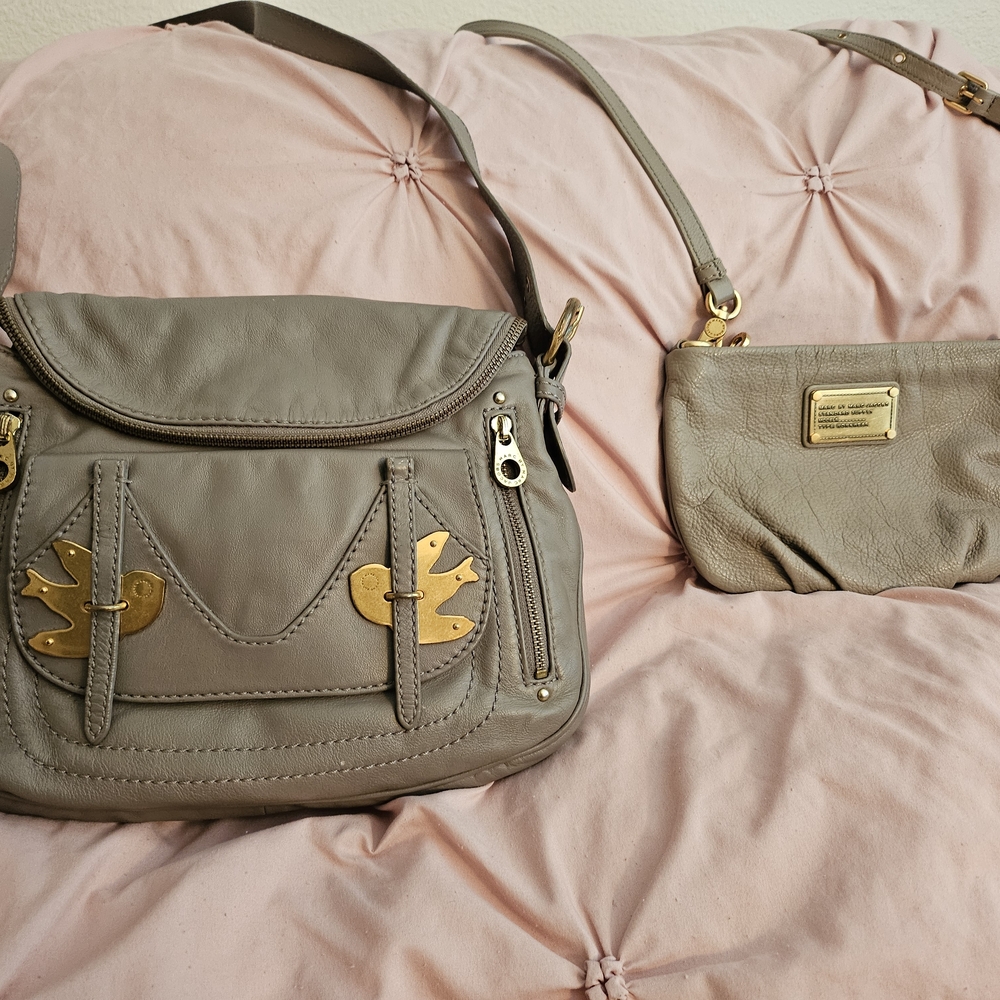 Gray Leather Shoulder Bag with Gold Accents